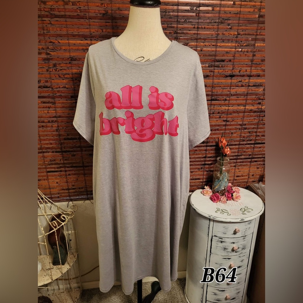 Gray T-Shirt with Pink 'All is Bright' Print - Picture 1 of 3